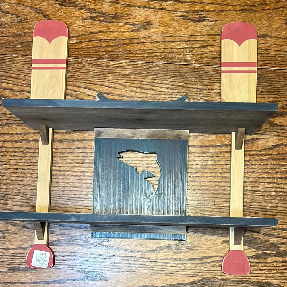 Rustic Red Canoe Oars and Blue Fish Display Shelves Wall Decor